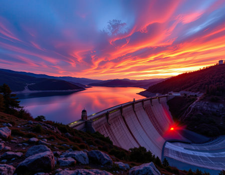 Experience the breathtaking beauty of a sunset illuminating a concrete dam over a tranquil lake, set against a stunning mountain backdrop and colorful clouds.の素材