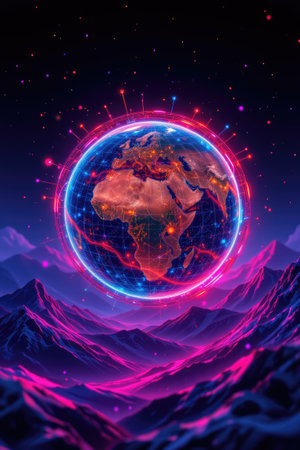 A stunning digital representation of a vibrant globe hovering over majestic mountains, illuminated with bright colors and network connections, creating a surreal atmosphere.の素材