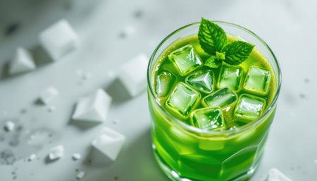 Enjoy a vibrant green drink filled with ice cubes, garnished with fresh mint leaves. Perfect for summer gatherings or casual occasions.の素材