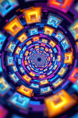 A mesmerizing abstract design featuring a vibrant spiral pattern filled with colorful squares. This dynamic digital artwork evokes a sense of depth and movement.の素材