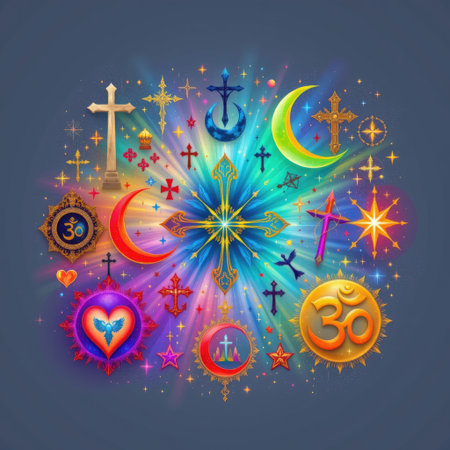 This vibrant artwork features an array of colorful religious symbols representing various faiths, promoting harmony and diversity in spirituality.の素材