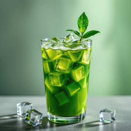 This image features a refreshing green drink served in a clear glass with ice cubes and mint leaves, set against a soft green background.の素材