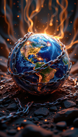 A visually striking representation of Earth in chains, engulfed by flames and smoke, symbolizing the urgent environmental challenges and global crises we face today.の素材