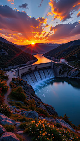 Experience the tranquility of a stunning dam at sunset, with vibrant colors reflecting on calm waters, surrounded by majestic mountains and lush landscapes.の素材