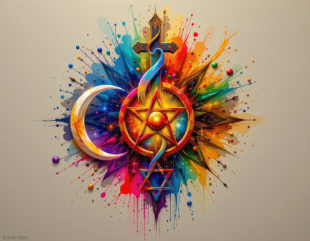 Vibrant abstract artwork showcasing a fusion of religious symbols and celestial elements, radiating colors that evoke a sense of harmony and spirituality.の素材