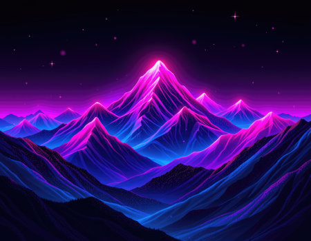 A stunning, vibrant neon mountain landscape set against a starry night sky. The vivid colors create a tranquil yet captivating atmosphere, perfect for art enthusiasts.の素材