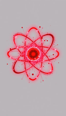 A captivating abstract digital artwork featuring a red atom design that symbolizes energy and innovation, perfect for science and technology themes.の素材