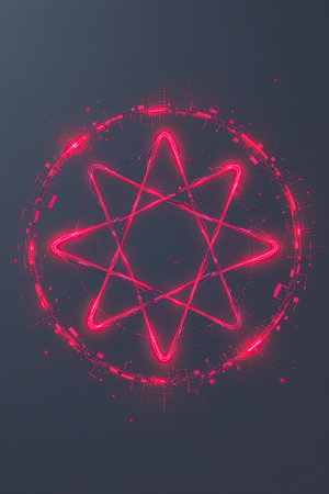 This striking abstract image features a red star design with glowing lines and digital elements against a dark backdrop, perfect for various thematic projects.の素材