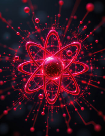 A stunning visual representation of an atomic model with a vibrant red theme. Featuring electrons in dynamic motion, this abstract design highlights the essence of scientific exploration.の素材