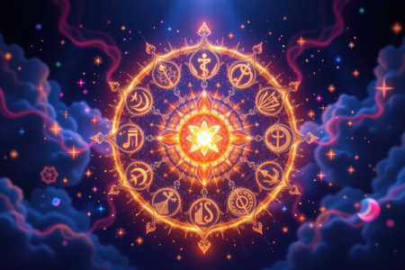 This enchanting illustration features a vibrant mandala adorned with zodiac symbols, glowing against a starry night sky, perfect for spiritual exploration.の素材