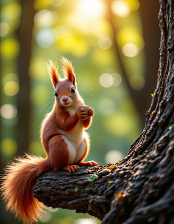 A charming red squirrel poses on a tree branch in a sunlit forest, holding a nut. The soft bokeh background enhances the serene feel of nature.の素材
