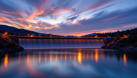 A stunning view of a tranquil reservoir at sunset, showcasing vibrant colors and reflections on the water surface, framed by majestic mountains.の素材
