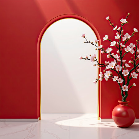 A vibrant floral arrangement displayed against a bold red wall within a minimalist archway, creating a stunning and elegant atmosphere in contemporary interior design.の素材