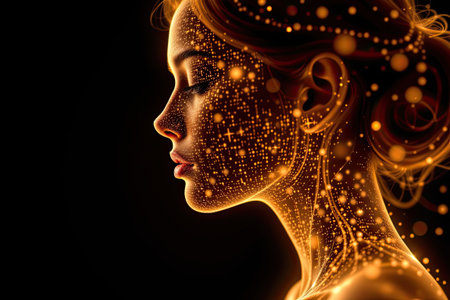 A captivating profile of a woman adorned with glowing dots and shimmering lights, creating a cosmic aura against a dark background, symbolizing creativity and mystery.の素材