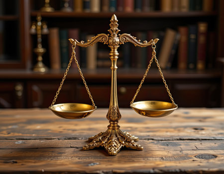 This elegant antique brass scale of justice rests on a wooden table, surrounded by classic law books in a refined study, symbolizing balance and integrity.の素材