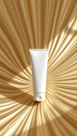 This striking image features an elegant white tube set against a vibrant golden radiating background, ideal for promoting beauty and cosmetic brands.の素材