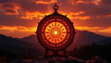 A stunning decorative sun mandala radiates warmth against a vibrant sunset backdrop. The silhouette of mountains enhances the serene atmosphere and beauty.の素材