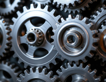 A detailed close-up image of interlocking gears showcasing the beauty of mechanical engineering and precision in industrial design, perfect for various applications.の素材