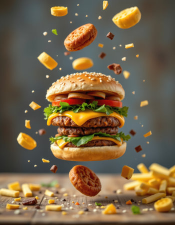 A mouthwatering triple cheeseburger showcases layers of fresh lettuce, ripe tomato, and rich cheese, garnished with tasty sides, perfect for food lovers.の素材