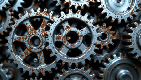 This close-up photograph showcases the intricate details of rusty metal gears, revealing their textures and the complexity of machinery. Ideal for industrial themes.の素材