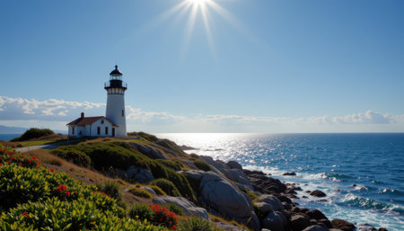 A stunning lighthouse stands proudly on a rocky coastline, illuminated by bright sunlight. The tranquil blue ocean waves lap against the shore, creating a serene atmosphere.の素材