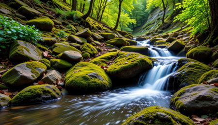 A serene view of a gentle stream cascading over mossy rocks in a vibrant forest. This image captures the essence of nature's beauty and tranquility.の素材