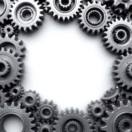 A visually striking arrangement of assorted metal gears and cogs forming a circular frame, ideal for illustrating concepts related to engineering, industry, and teamwork.の素材