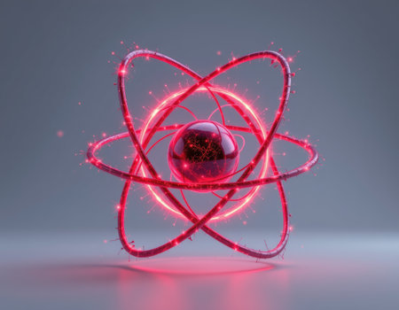 This high-quality digital image showcases an abstract atom model featuring glowing red electrons orbiting a gleaming nucleus on a minimalist gray backdrop, symbolizing scientific innovation.の素材