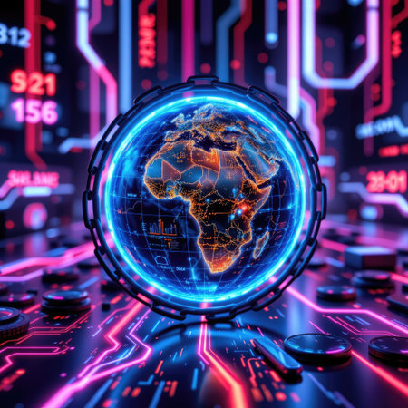 A captivating digital globe highlights Africa, surrounded by intricate neon circuitry and vibrant data visualizations, blending technology and art.の素材