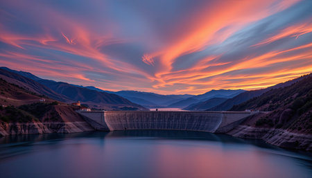 A breathtaking view of a reservoir during sunset, showcasing vibrant colors in the sky reflected in still waters, surrounded by majestic mountains.の素材