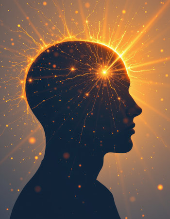 This artistic silhouette of a human head showcases radiant light and energy, symbolizing creativity, inspiration, and the power of ideas. The glowing effect enhances a sense of imagination and positivity, making it perfect for themes of innovation and mental exploration.の素材