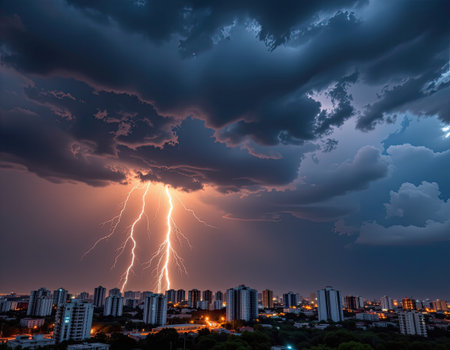 This captivating image captures striking lightning illuminating the night sky over a modern cityscape during a dramatic thunderstorm, creating an awe-inspiring scene.の素材