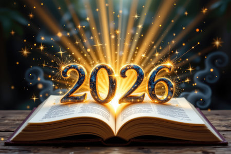 A vibrant digital illustration showcasing an open book featuring glowing numbers 2026, surrounded by shimmering stars, ideal for New Year celebration themes.の素材