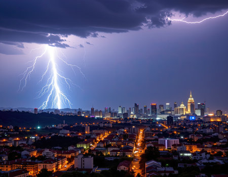 A captivating scene showcasing powerful lightning striking over a vibrant city skyline at night. The dramatic clouds enhance the atmospheric energy.の素材