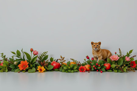 This image features a charming lion cub surrounded by an array of colorful flowers and fruits, set against a minimalist background, perfect for creative designs.の素材
