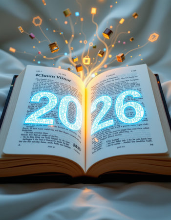 A captivating image of an open book showcasing the year 2026 with vibrant magical symbols and light, symbolizing knowledge, imagination, and creativity.の素材