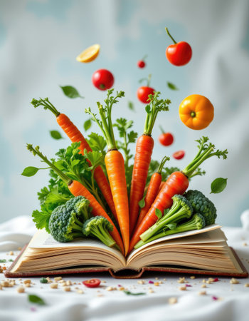 An artistic representation of fresh vegetables emerging from an open book, symbolizing knowledge and healthy living. A colorful and vibrant display of nature's bounty invites creativity in cooking and nutrition.の素材