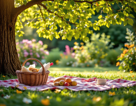 Enjoy a serene outdoor picnic scene showcasing a cozy basket filled with fresh fruits beneath a lush tree in a vibrant garden setting.の素材