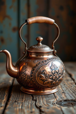 This antique copper teapot features exquisite floral engravings and a warm patina, creating an inviting centerpiece on a rustic wooden table.の素材