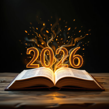 An open book with the year 2026 illuminated in glowing numbers represents a blend of knowledge and future aspirations, capturing the essence of growth and inspiration.の素材