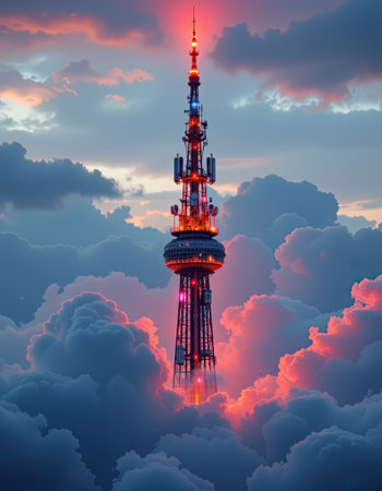 A breathtaking scene of a communications tower glowing brightly against a backdrop of vibrant clouds at sunset, creating a striking visual impact in the sky.の素材