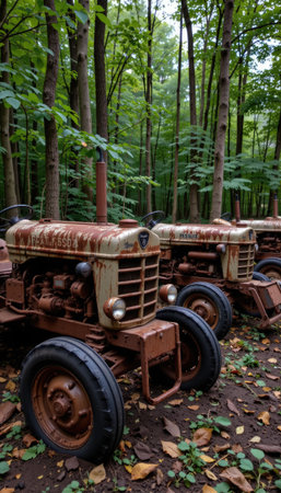 A pair of vintage tractors sits in a serene forest, surrounded by lush green foliage and tall trees, highlighting rustic charm and agricultural history.の素材