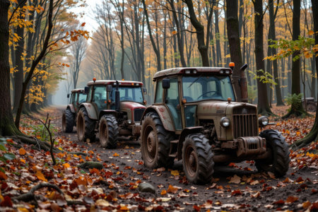 Two vintage tractors travel along a dusty path in a misty autumn forest, surrounded by vibrant fallen leaves and serene trees, evoking nostalgia.の素材