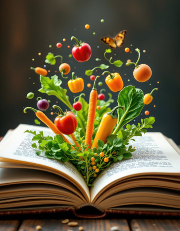 An imaginative representation of vegetables springing from an open book, symbolizing the connection between knowledge and healthy eating. This artwork captures the beauty and vibrancy of nature's bounty, inspiring healthy living and creativity in the kitchen.の素材