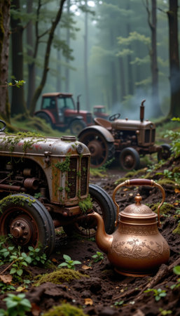 A captivating scene featuring vintage tractors surrounded by a misty forest landscape. An antique kettle adds a rustic charm amidst lush foliage, creating a serene atmosphere perfect for nature enthusiasts.の素材