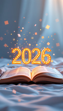 An enchanting scene featuring glowing numbers '2026' above an open book, surrounded by sparkles on a soft blue bedspread, evoking feelings of inspiration and dreams for the future.の素材