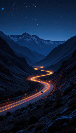 This breathtaking nighttime landscape features a winding road that snakes through a mountain valley under a starry sky, showcasing nature's tranquility.の素材