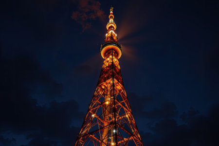 Capture the breathtaking view of a towering structure, beautifully illuminated against a darkening sky, showcasing the charm and allure of urban architecture.の素材
