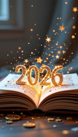 An enchanting depiction of a glowing 2026, featuring an open book scattered with golden coins and sparkling stars, symbolizing hope and new beginnings.の素材