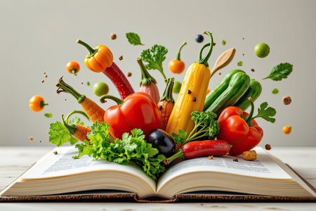 Vibrant vegetables bursting from an open book illustrate the connection between culinary knowledge and fresh ingredients, embodying healthy eating and creativity.の素材